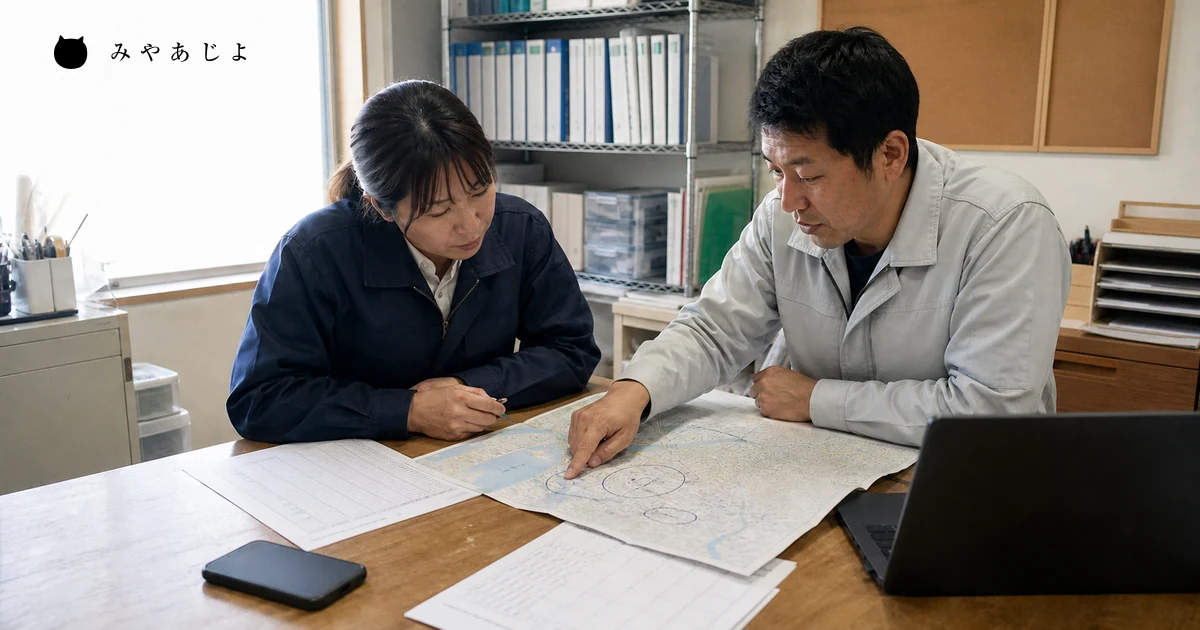 商圏地図と地域別の問い合わせ記録を確認する小規模事業者の担当者2名