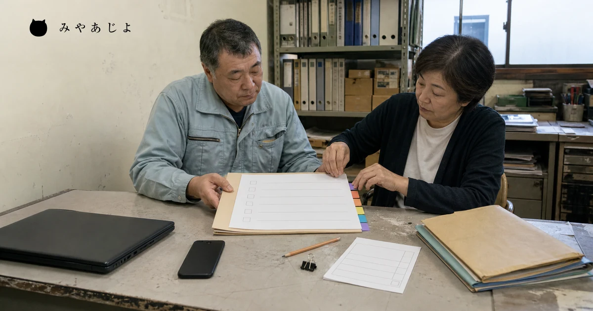 小規模事業者の担当者2名が色タブ付きの制作範囲表を照合する場面