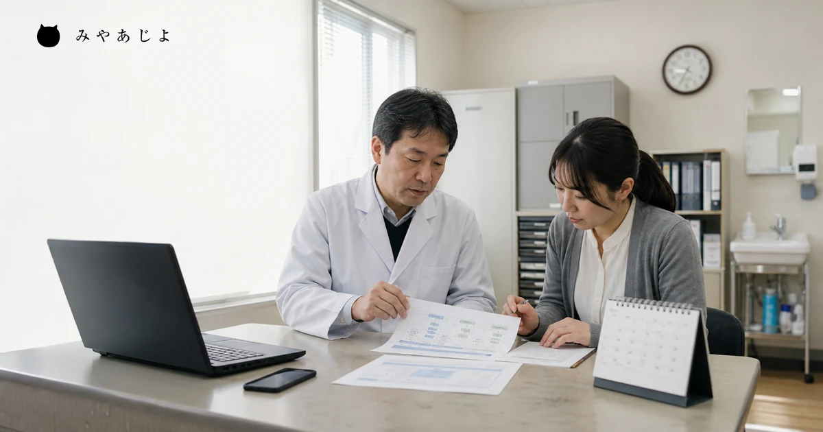 初診案内と予約導線の資料を確認するクリニック担当者2名