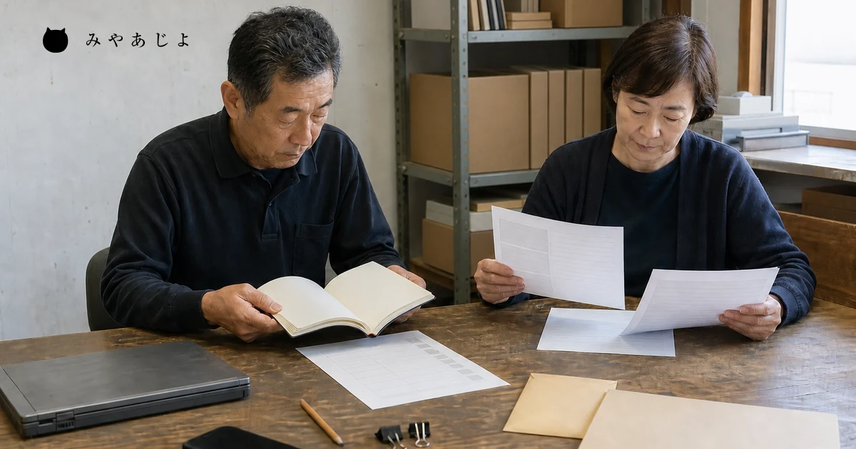 小規模事業者の担当者2名が無記名の取材メモ・根拠資料・原稿確認表を照合する場面