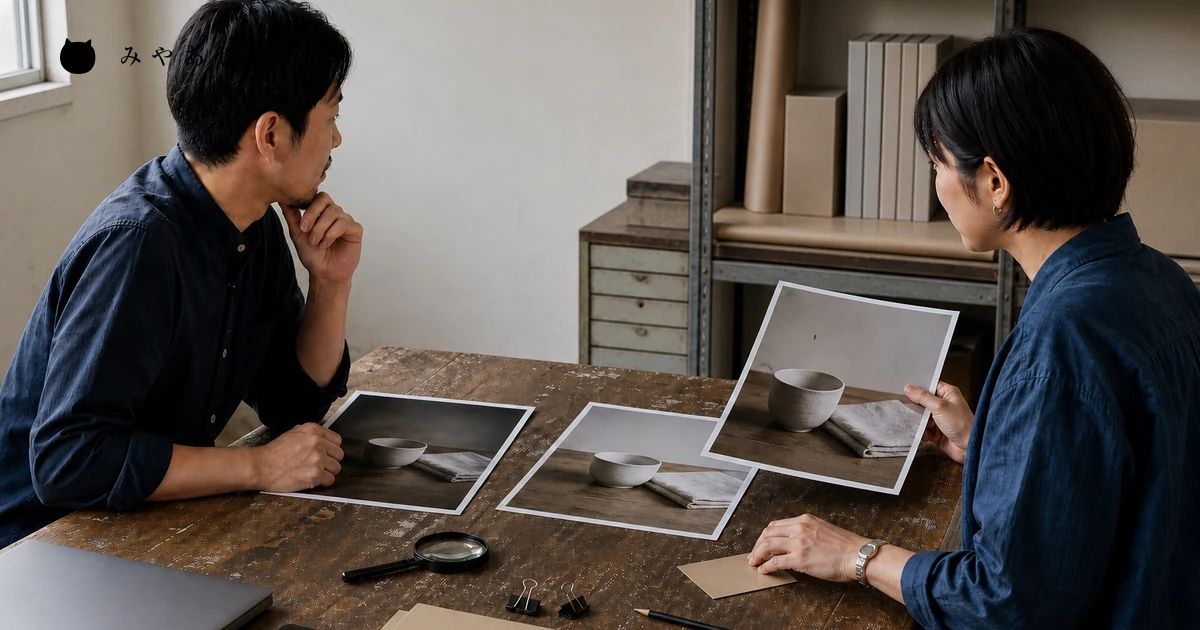 小規模事業者の担当者2名が紙の原版・加工確認版・掲載用写真を比較する場面
