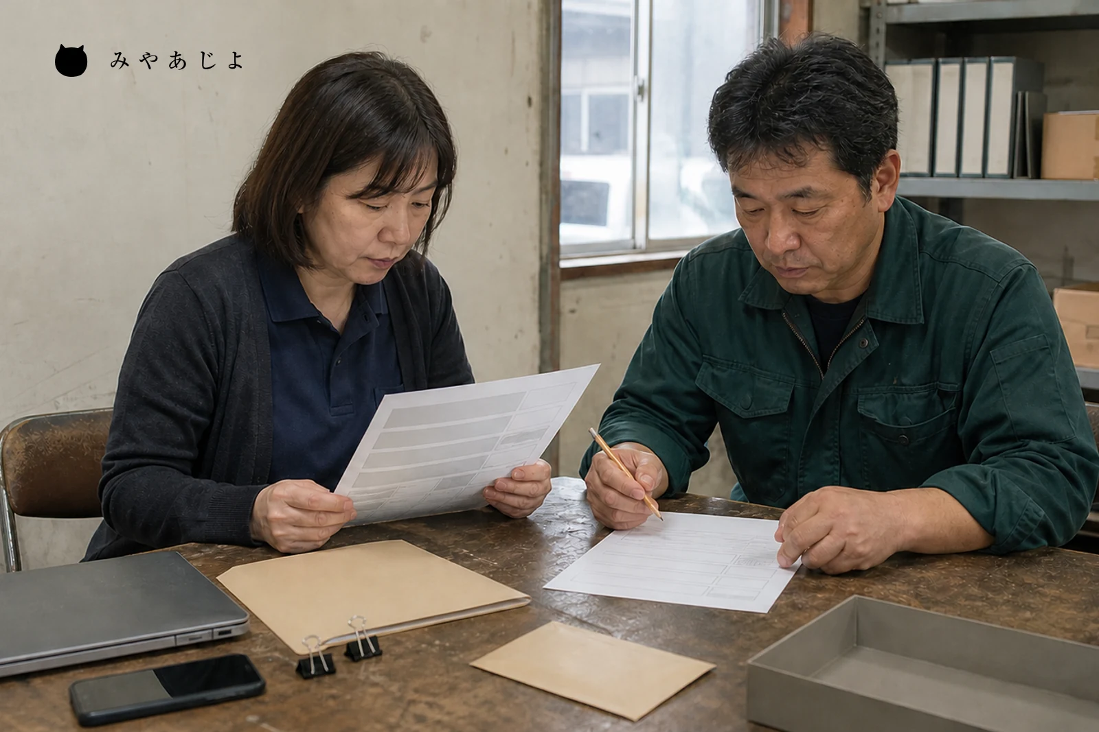 小規模事業者の社内担当者2名が無記名の募集情報資料と確認表を照合する場面