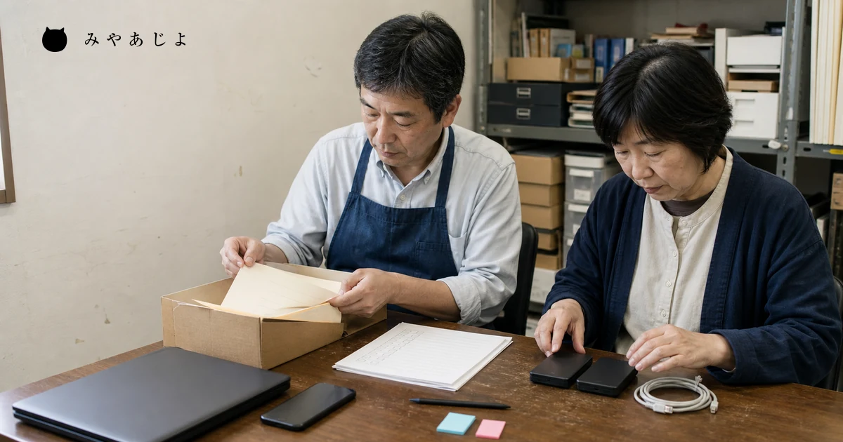 小規模事業者の担当者2名が移管用の資産一覧と保存媒体を照合する場面