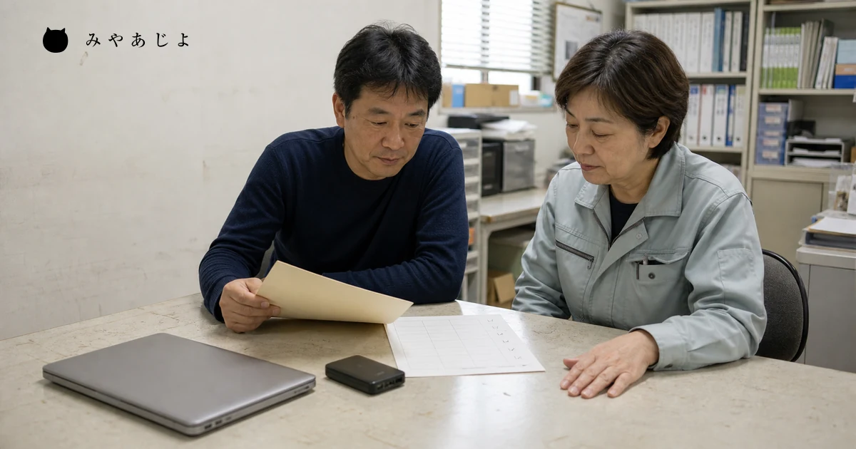 担当者が契約・ドメイン・サーバー・制作データの回収表を確認する場面