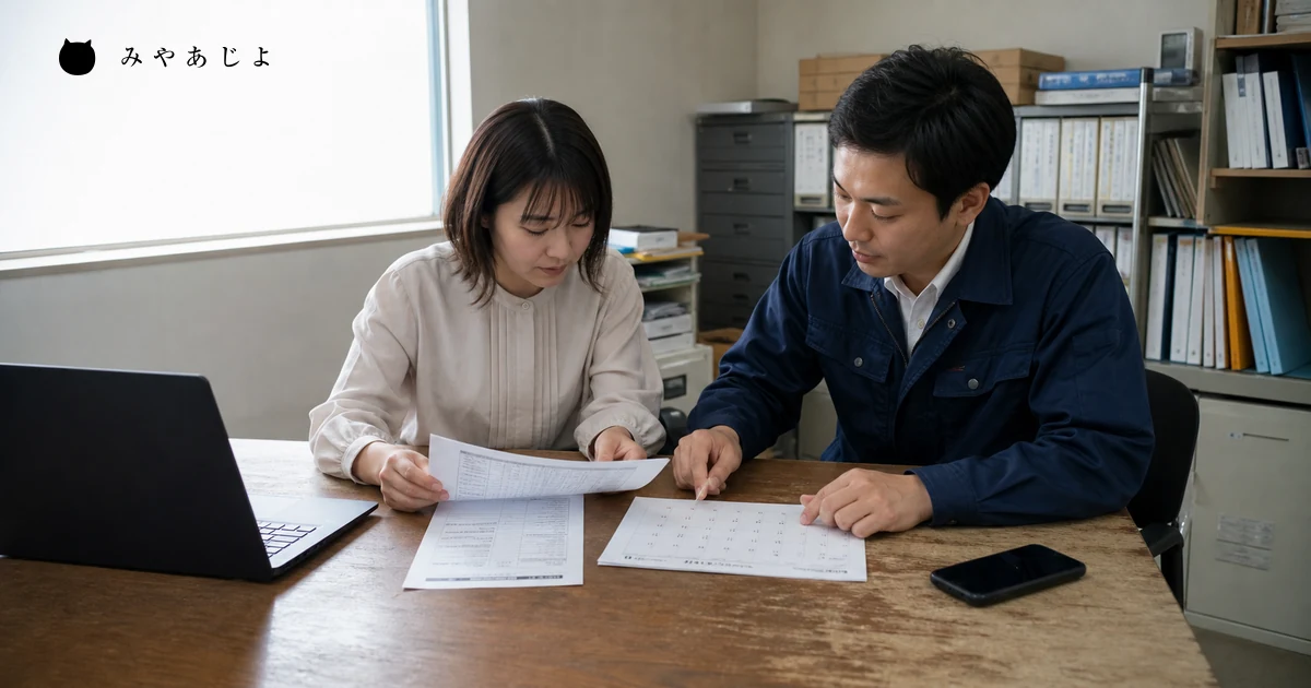 月次運用票とサイト更新予定を確認する小規模事業者の担当者2名