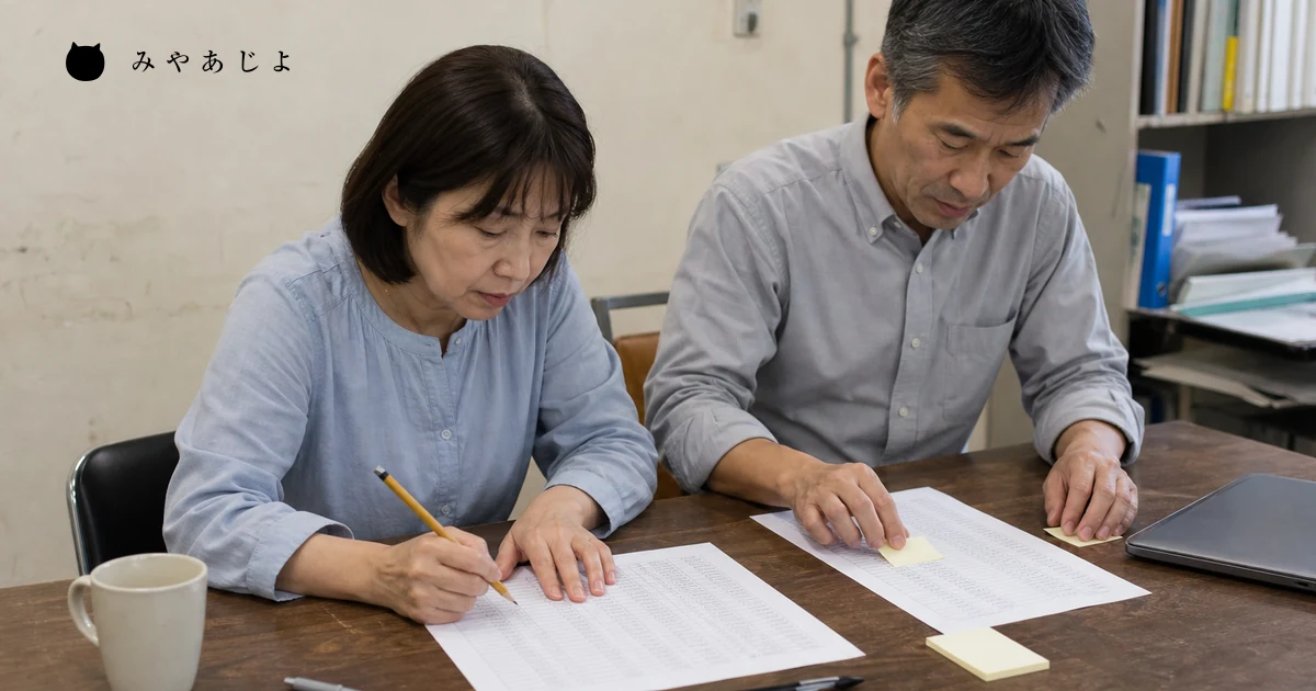 中小企業の担当者2名が紙のURL一覧を見ながらSEO内部対策の作業順を相談する様子