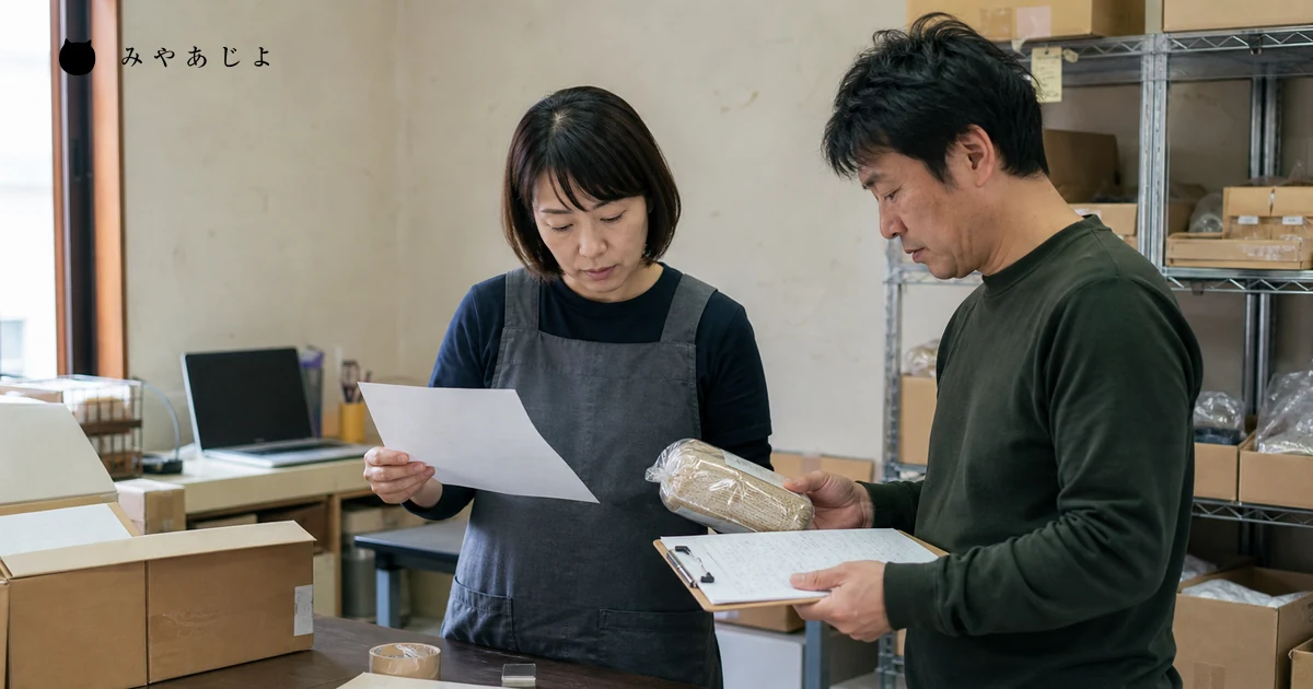 商品棚のそばで注文票と在庫表を照合する小規模EC事業者の担当者2名