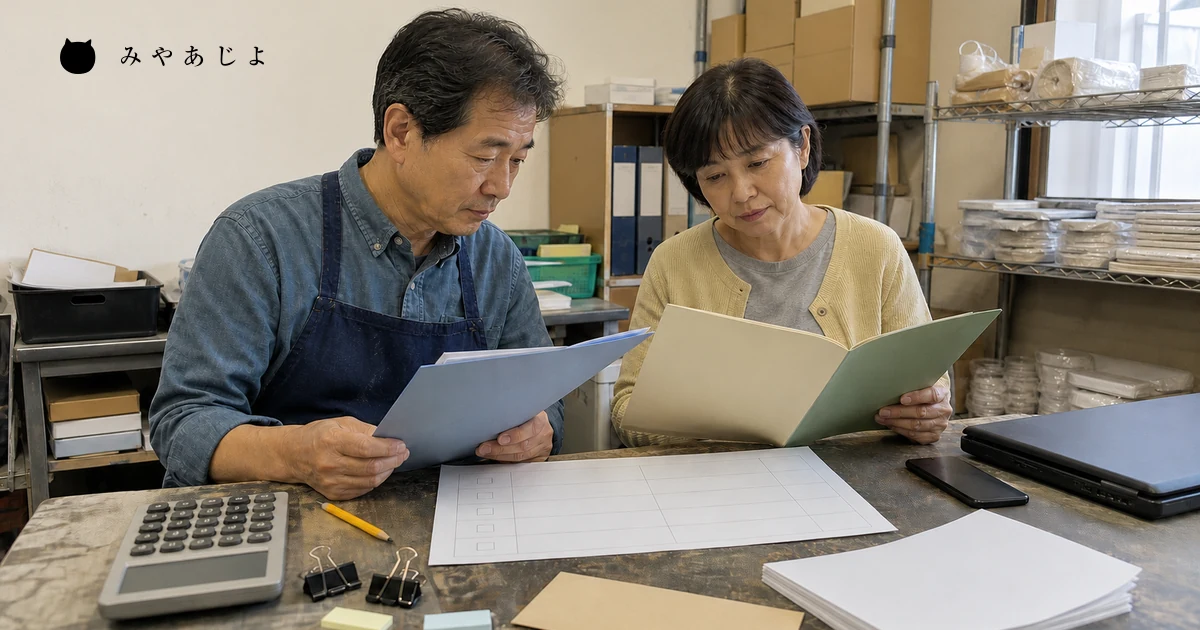 小規模店舗の担当者2名が無記名のSEO見積資料を比較する場面