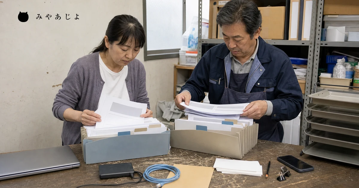 小規模事業者の担当者2名がリニューアル前の資料を仕分ける場面