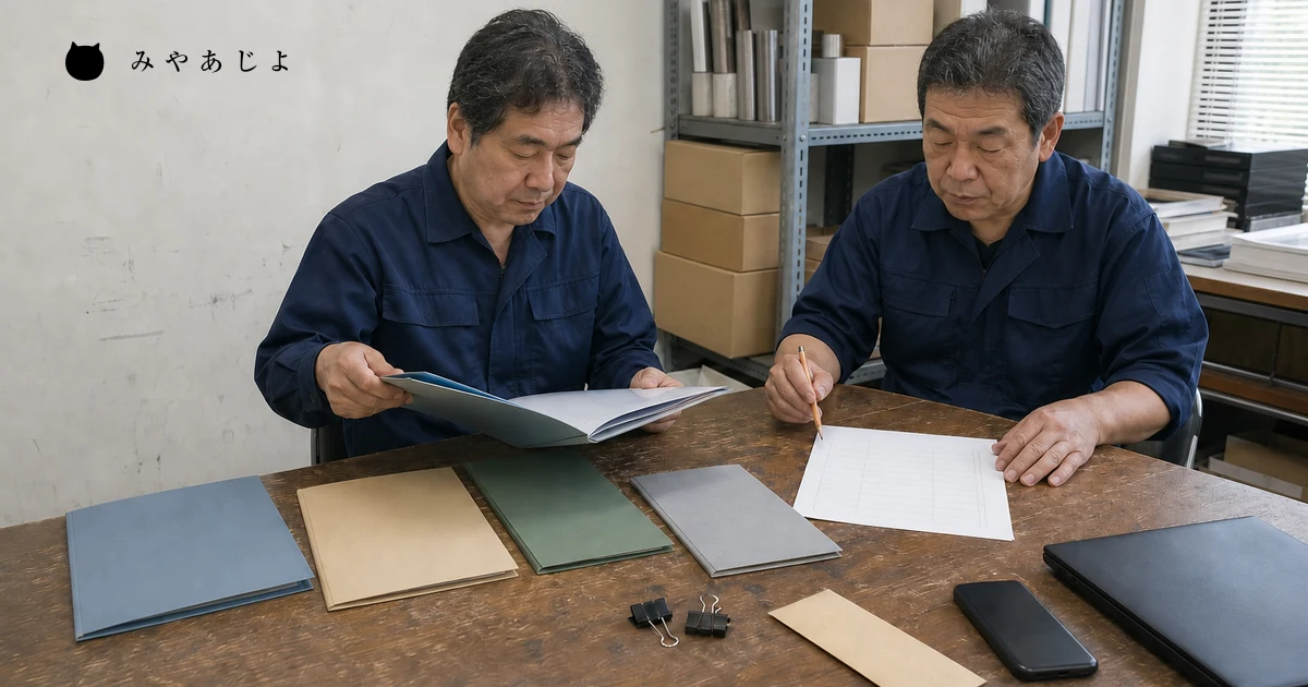 小規模BtoB事業者の担当者2名が無記名の事業資料4冊と12項目確認表を照合する場面