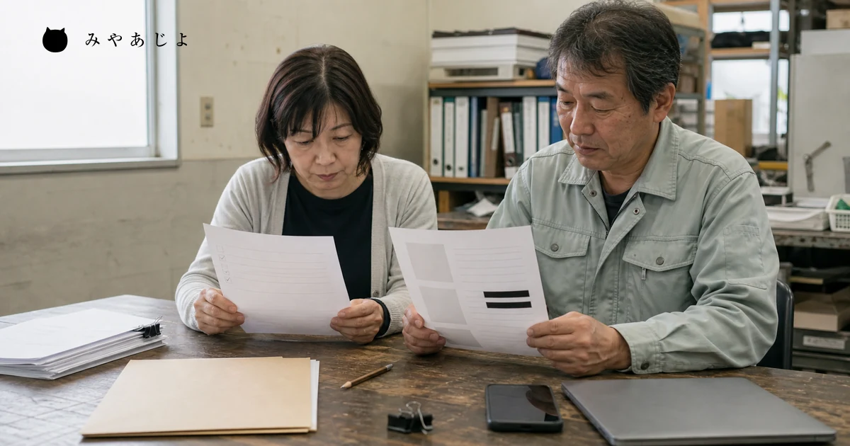 小規模事業者の担当者2名が匿名化した事例ページ見本と許諾用紙を照合する場面