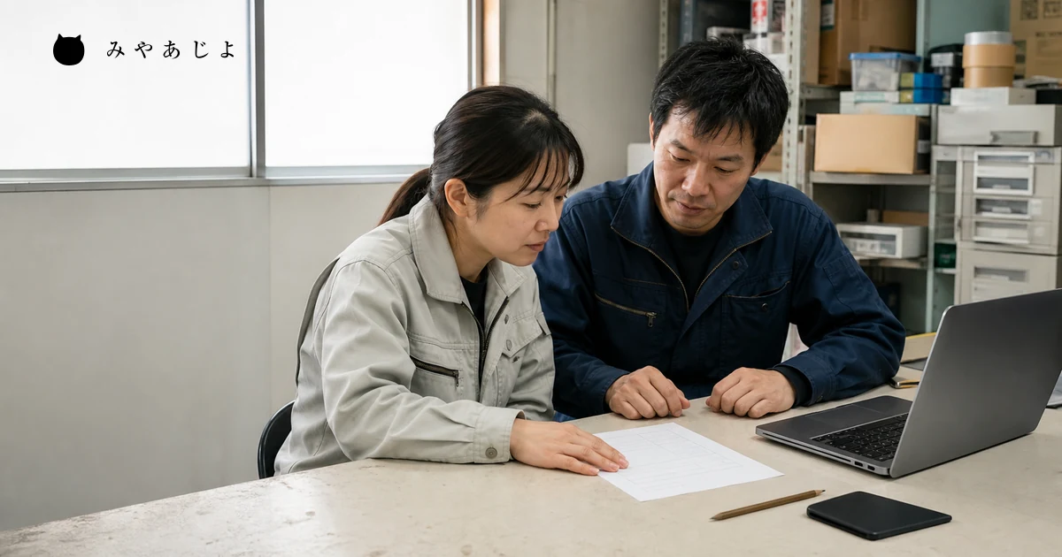 担当者2名が紙の発生記録を確認する小規模事業者の作業場