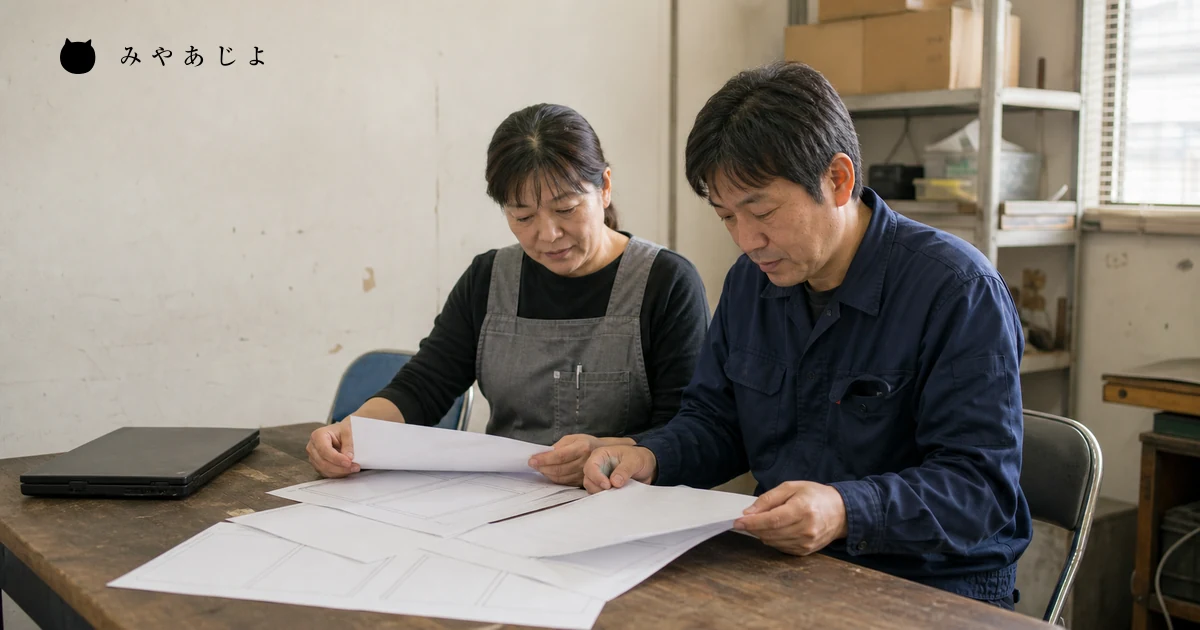 小規模事業者の社内担当者2名が紙の工程表と確認資料を見ながら進行条件を照合する自然な場面