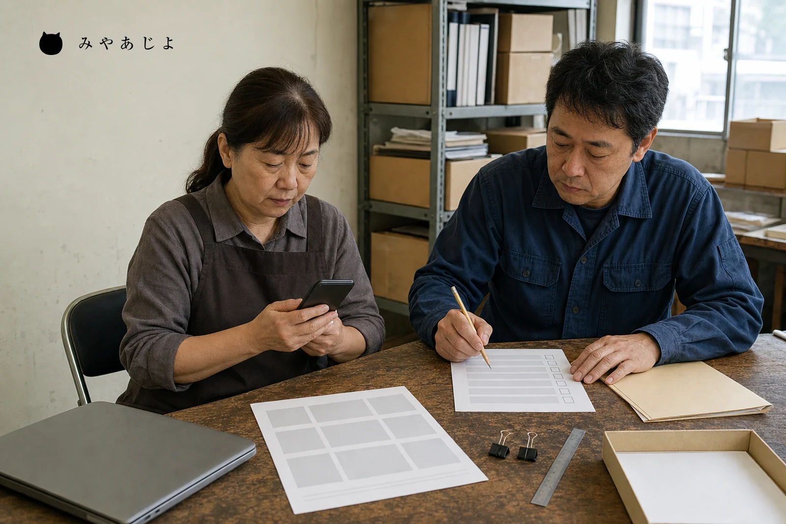 小規模事業者の社内担当者2名が実機と無記名の8項目確認表を照合する場面