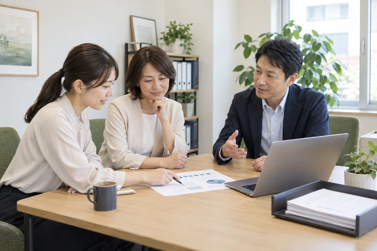 税理士と事業者・経理担当者が、資料を使って月々の数字を確認するイメージ