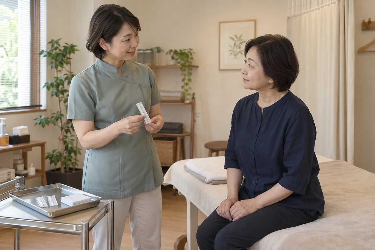 鍼灸の施術前に、包装された鍼を見せながら説明する場面のイメージ