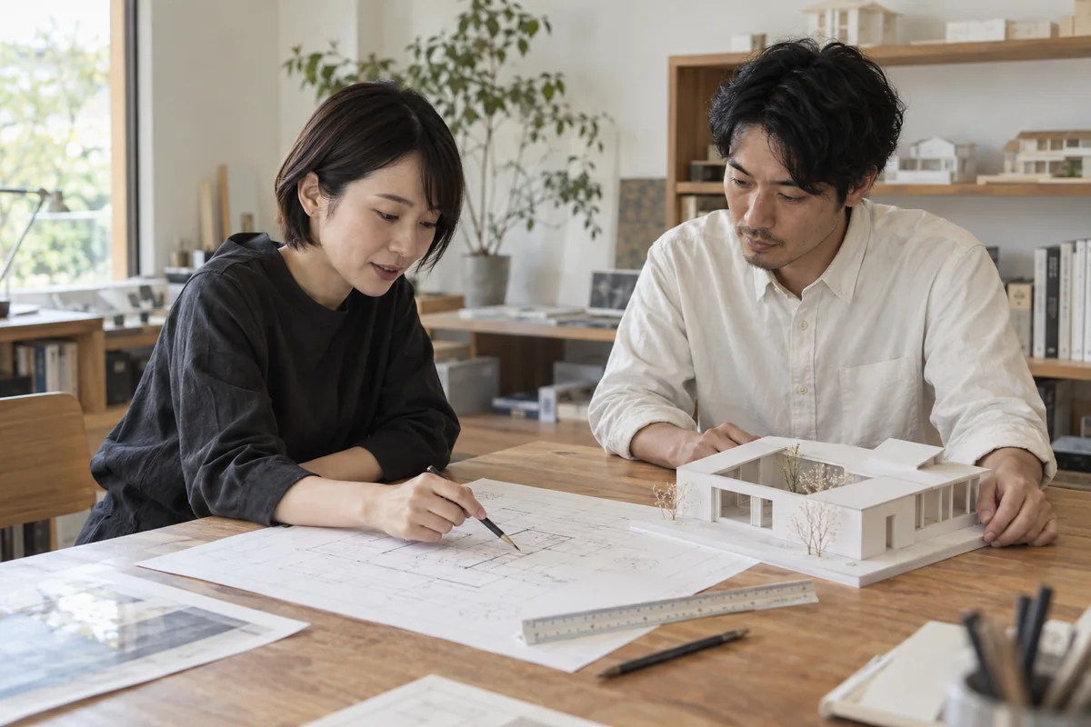 図面と住宅の模型を囲み、設計案を検討する建築設計者のイメージ
