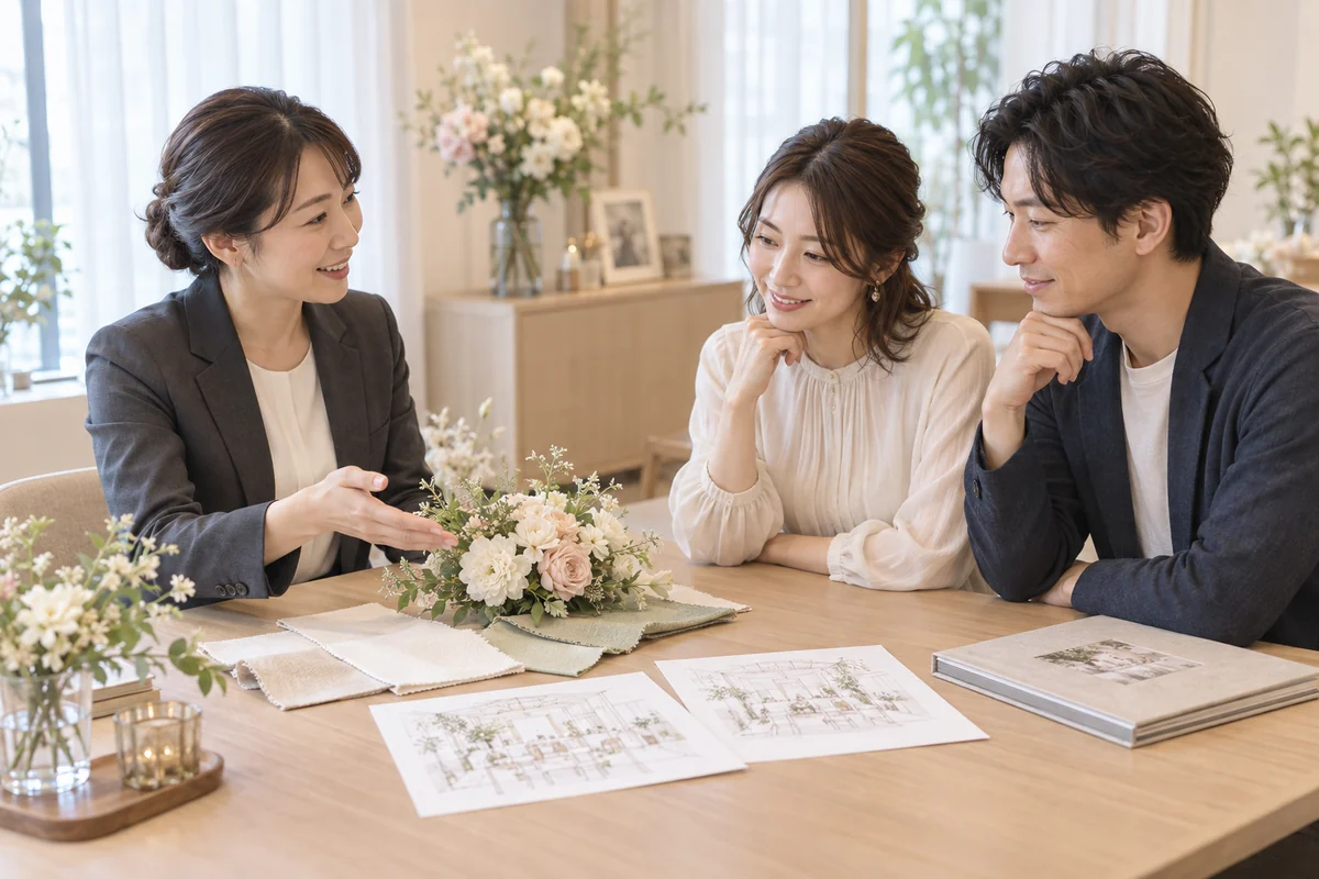 プランナーが花や布の見本を使い、二人の希望を聞く打合せのイメージ