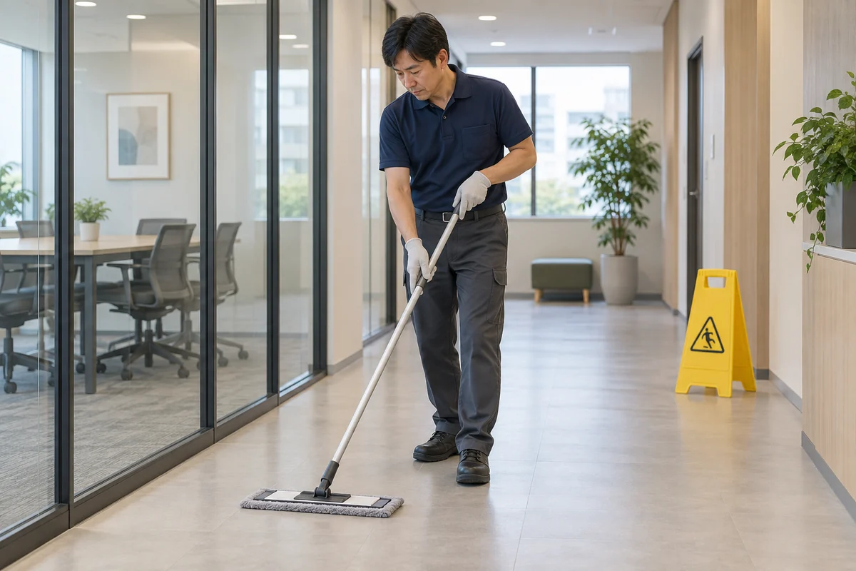 清掃スタッフがオフィスの床をフラットモップで清掃するイメージ