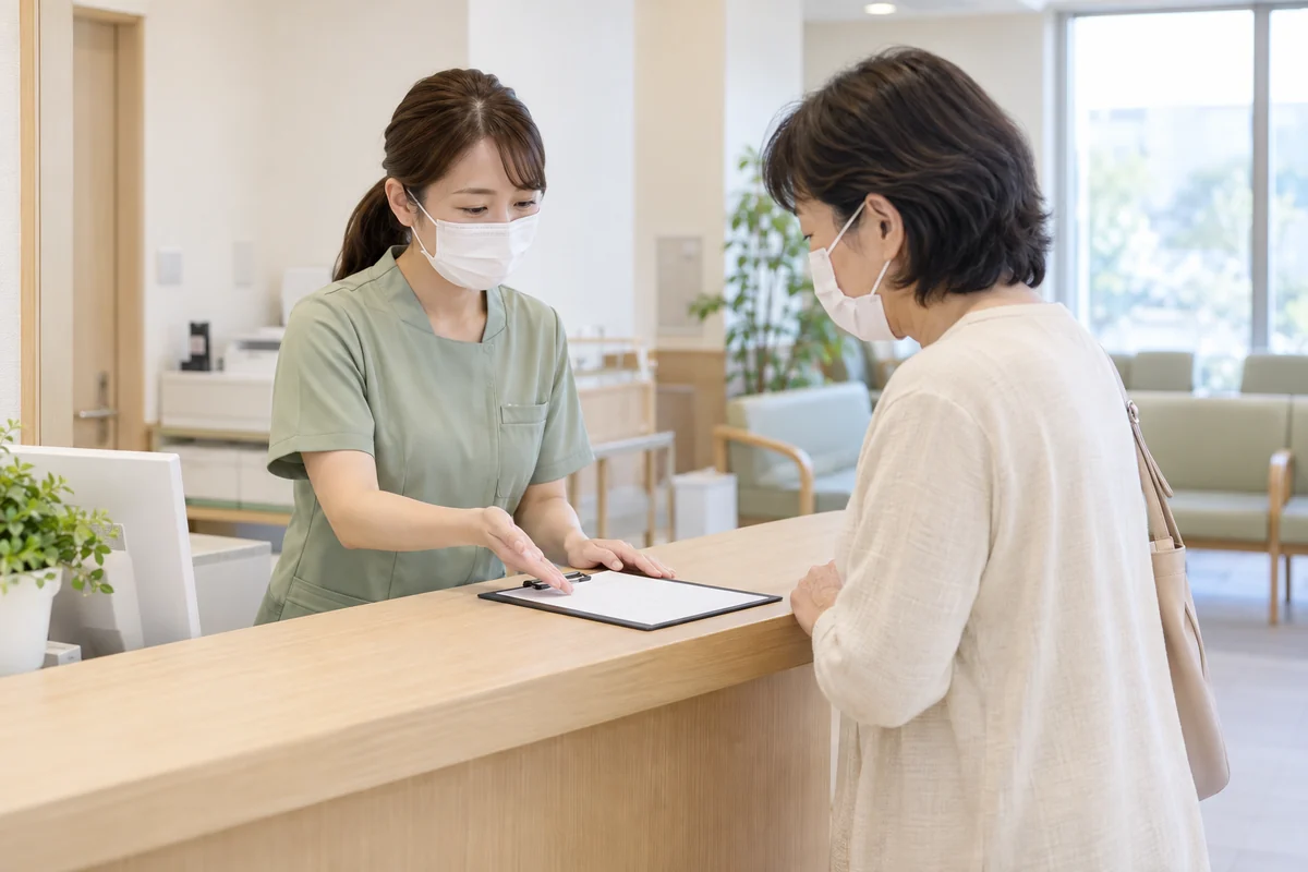 クリニックの受付担当者が来院者に書類の案内をするイメージ