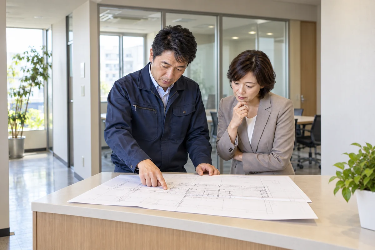 建設会社と施設の担当者が改修前の事務所で図面と現況を確認するイメージ