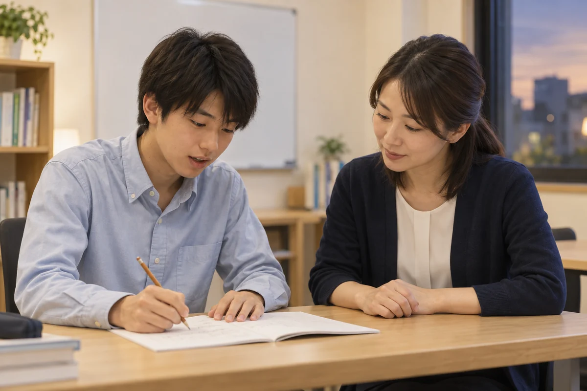 ノートを見ながら考え方を説明する生徒と、話を聞く講師のイメージ