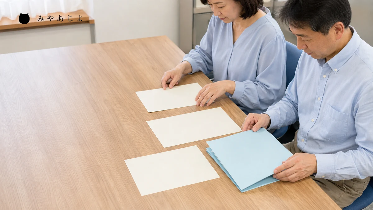 架空の福祉法人の担当者二人が拠点ごとの案内用紙と受付変更の資料を机上で照合する編集イメージ