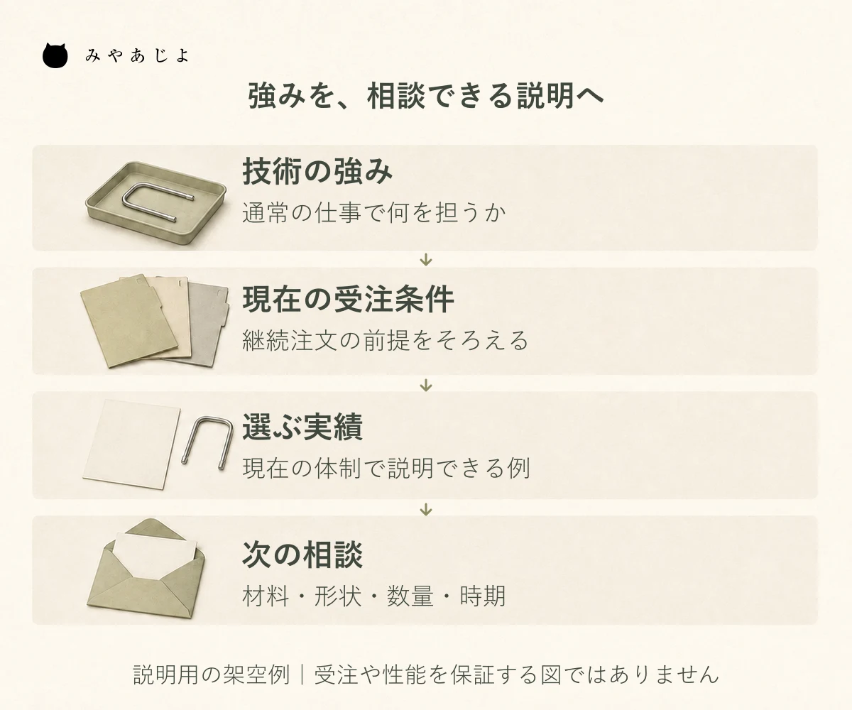 技術の強みを、現在の受注条件、選ぶ実績、次の相談へ順に具体化する図