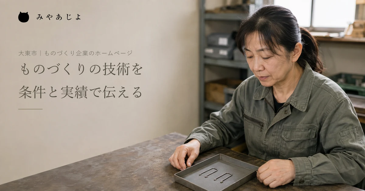 架空の線材加工の担当者が作業台で金属のクリップ見本を確認する編集イメージ