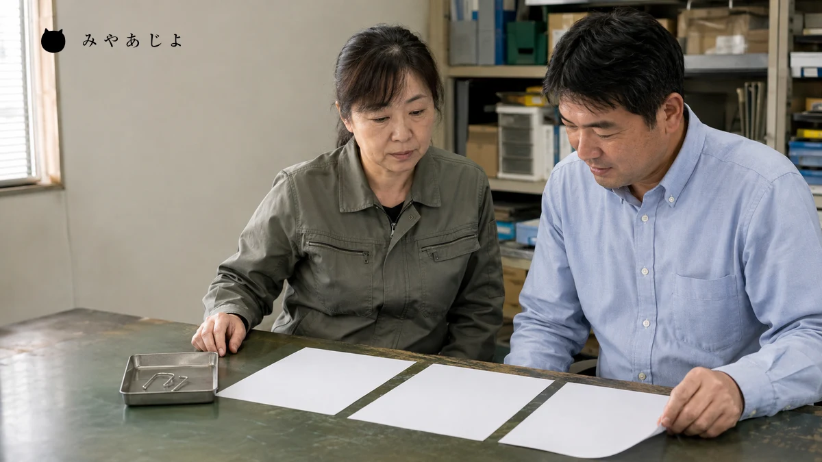 架空の製造業の営業担当と技術担当が線材の見本と受注記録の説明用紙を見比べる編集イメージ