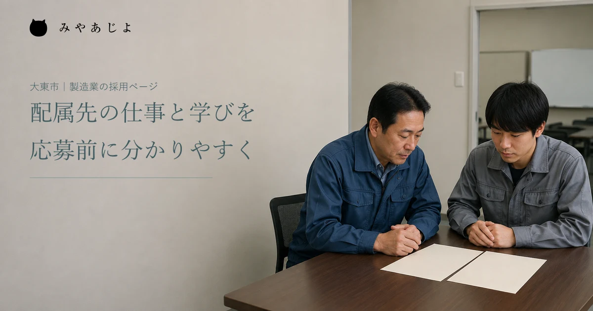 架空の部品メーカーで担当者と応募者が配属候補の資料を確認する編集イメージ