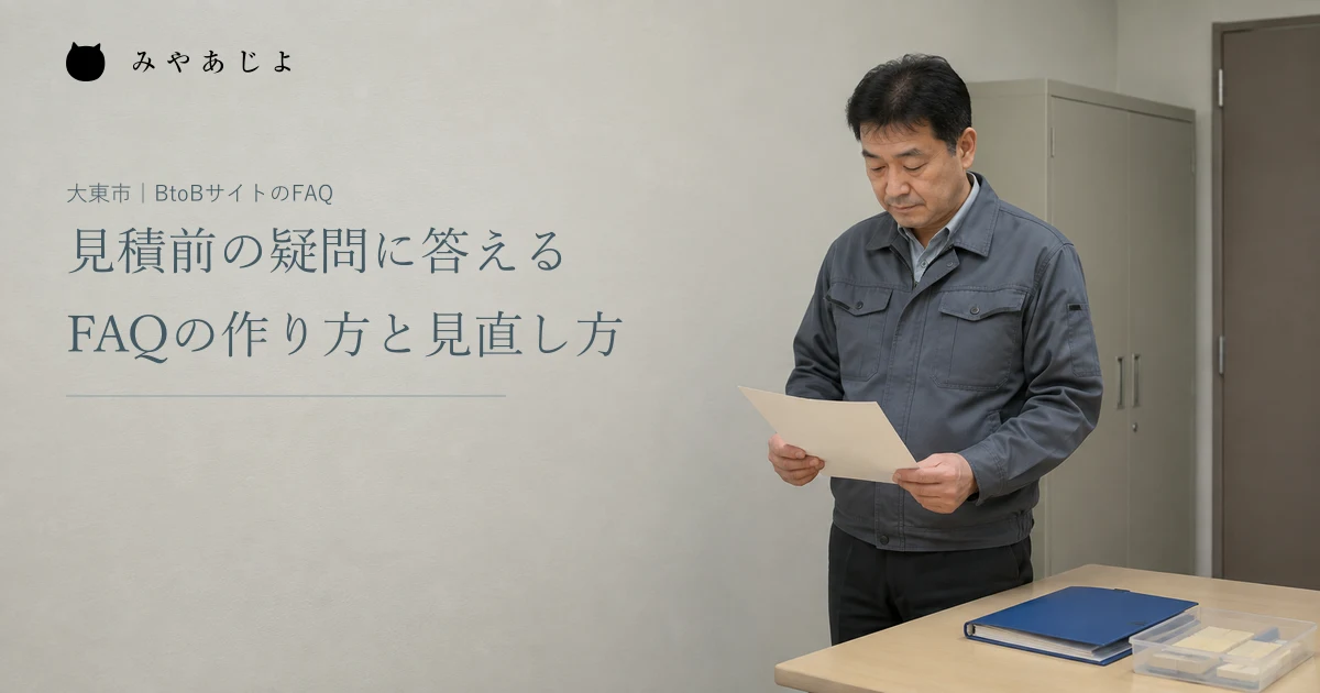 架空の加工会社の担当者が事務スペースで回答資料を確認する編集イメージ