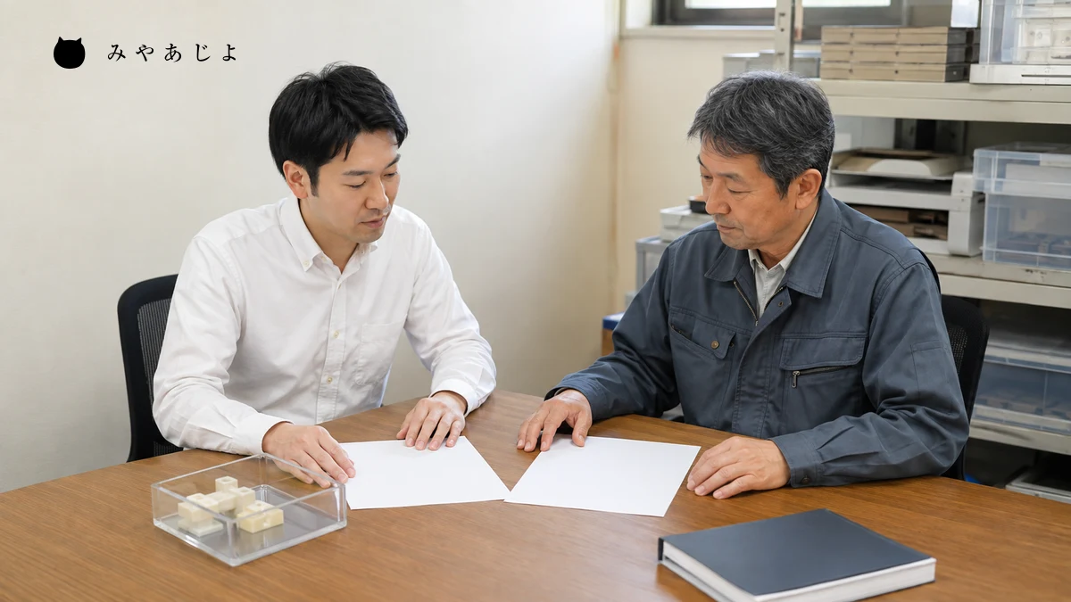 架空の加工会社の営業担当と技術担当が机上でFAQの回答原稿と相談内容を照合する編集イメージ