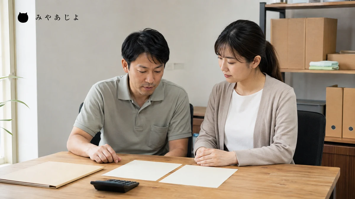 架空の清掃会社の担当者二人が事務所で家庭向けと事業所向けの案内資料を照合する編集イメージ