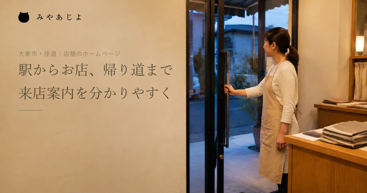 架空のインテリア相談店のスタッフが夕方に入口の扉を確かめる編集イメージ