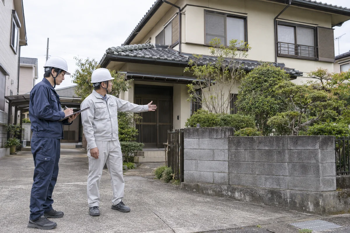 解体前の住宅で建物と周囲を確かめ、記録する現場担当者のイメージ