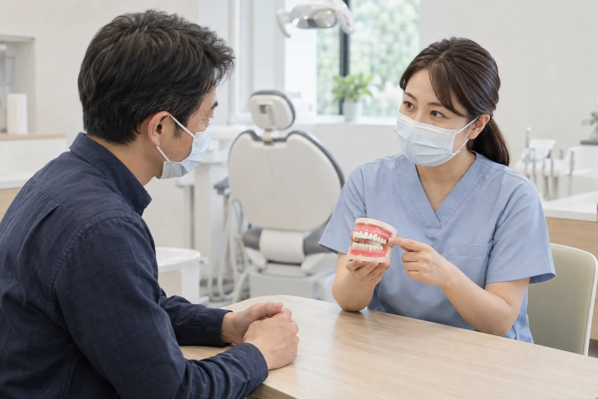 歯科医師が歯列模型を使い、来院者に説明する場面のイメージ
