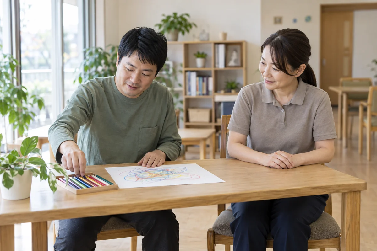 創作活動の道具を自分で選ぶ方と、そばで見守る支援職員のイメージ