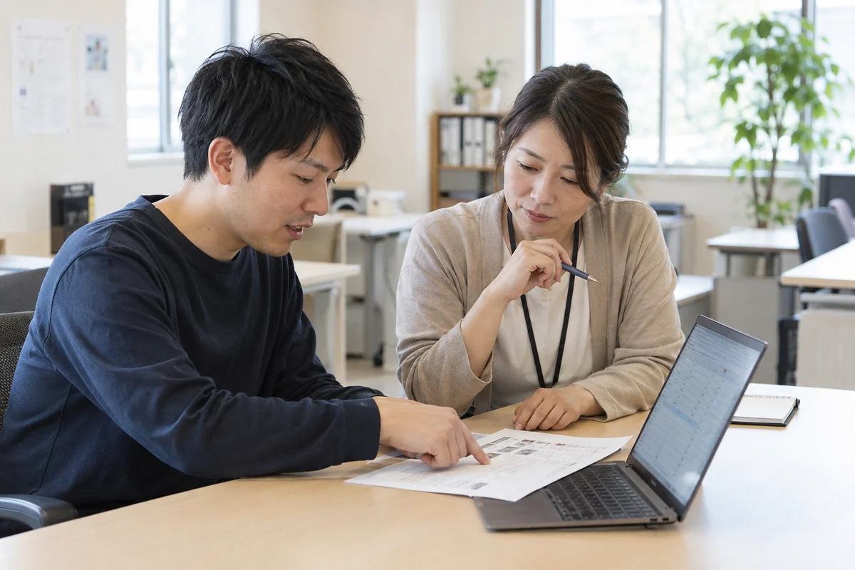 事務課題に取り組む本人が、職員と作業の手順を確認する場面のイメージ