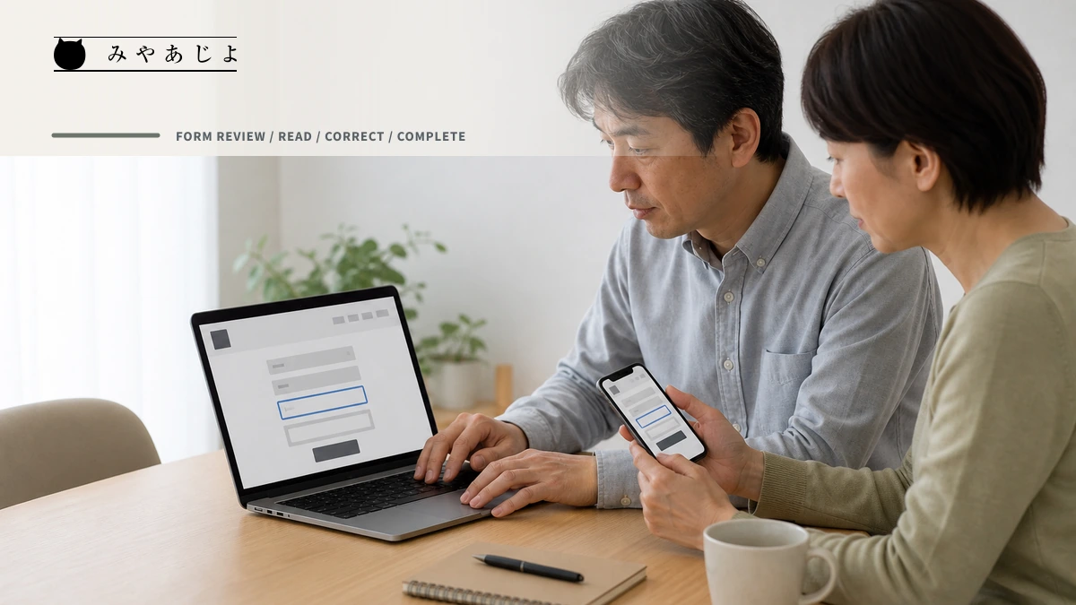 利用者と担当者が相談フォームの表示と入力手順を確認するイメージ