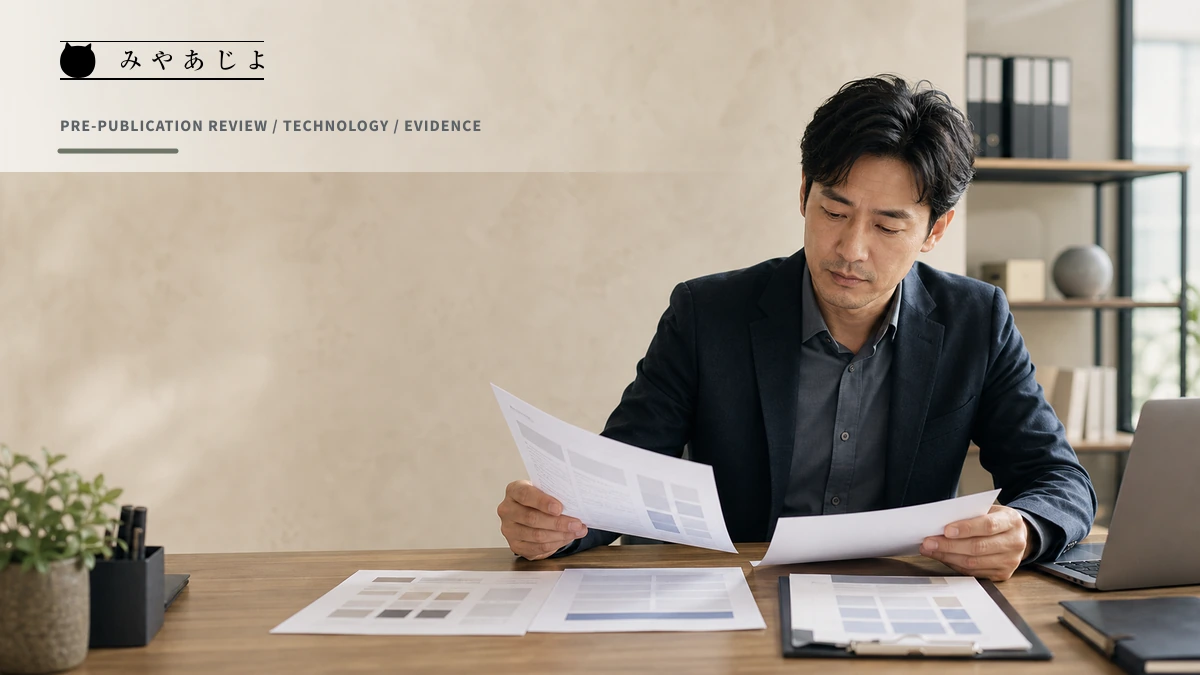 企業担当者が技術条件と実績の公開範囲を確認するイメージ