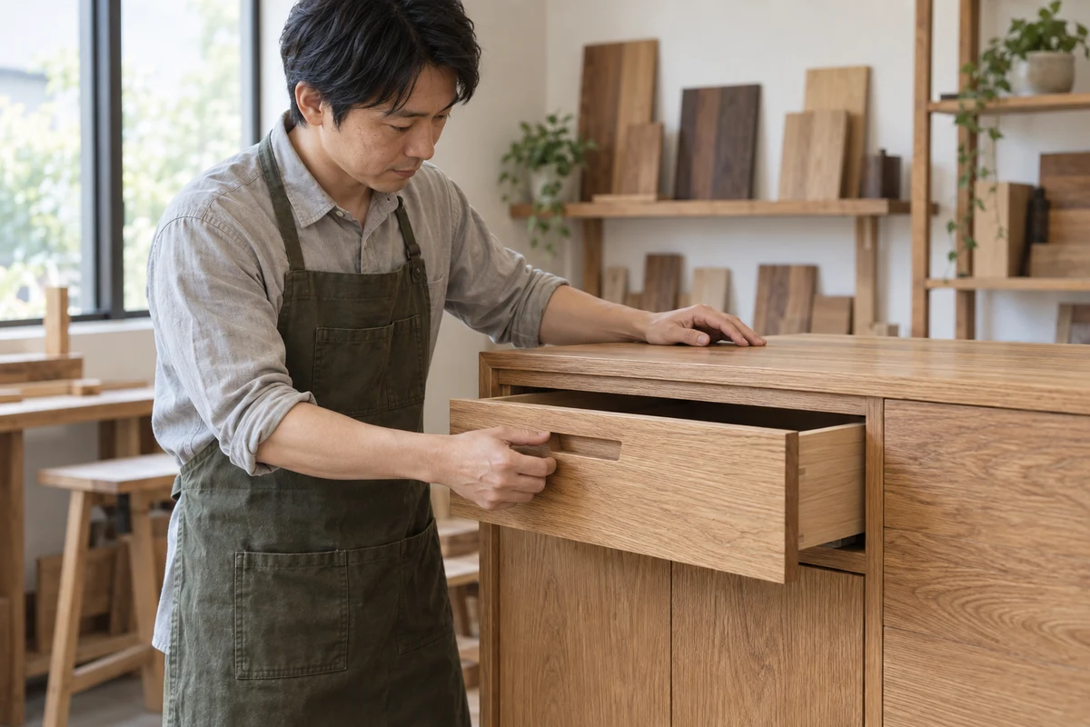 木製収納家具の引き出しと仕上がりを確認するつくり手のイメージ