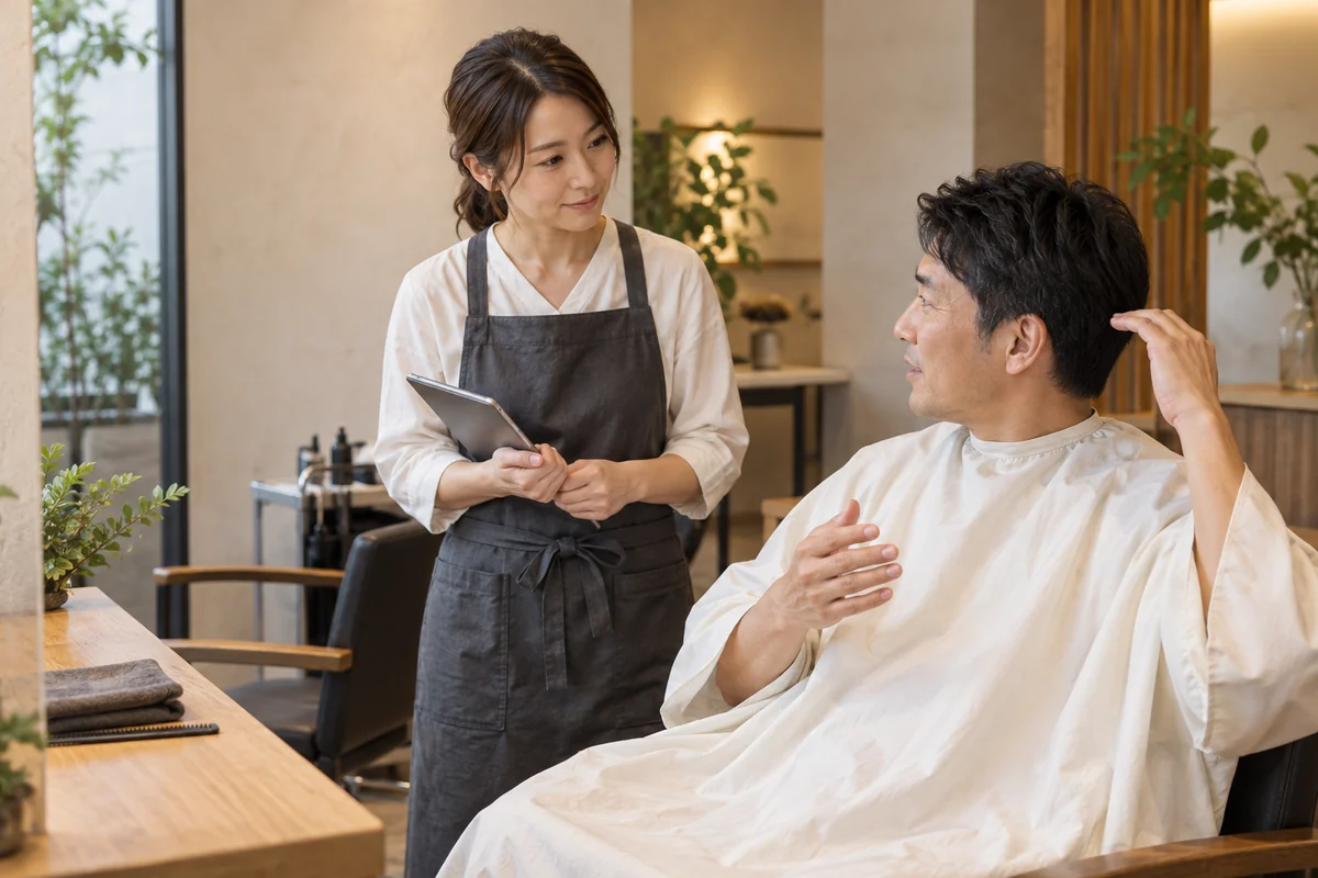 髪の長さの希望を伝える来店客と、話を聞くスタッフのイメージ