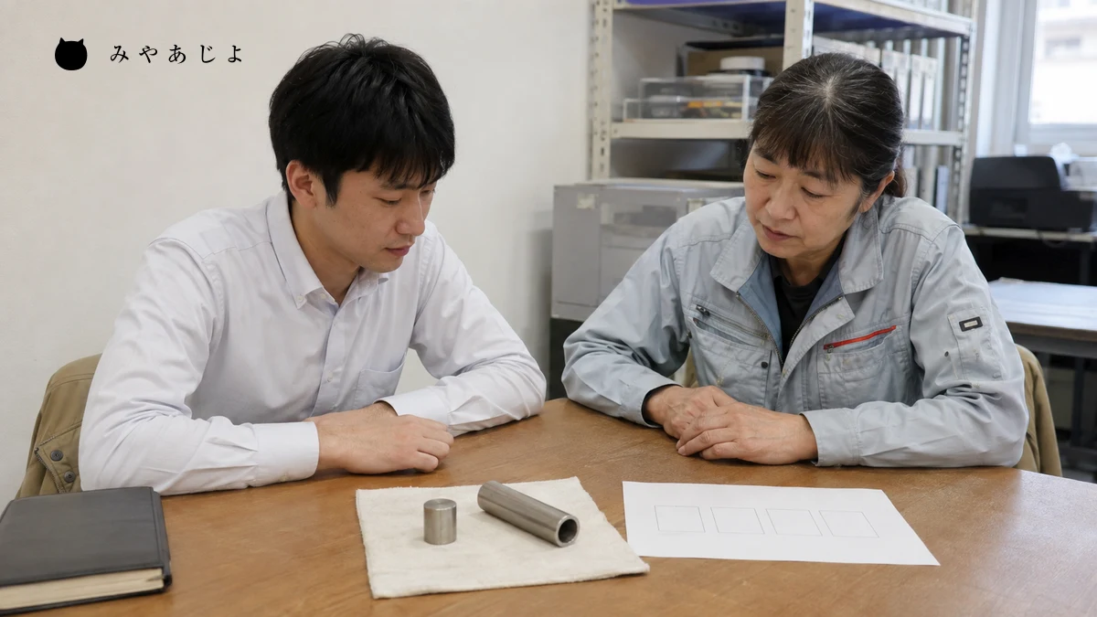 架空の営業担当と技術担当が大きさの異なる円筒部品と相談用紙を机上で確認する編集イメージ