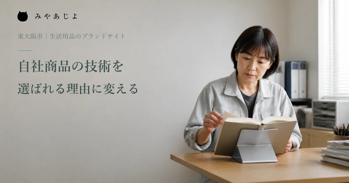 架空の生活用品メーカーの担当者が、机で金属製の読書スタンドに本を置いて確認する編集イメージ