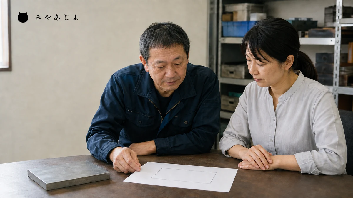 架空の製造業の担当者が公開用の説明資料を机上で読み合わせる編集イメージ