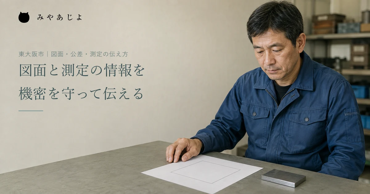 架空の部品メーカーの担当者が金属板と説明用の図を机上で確認する編集イメージ