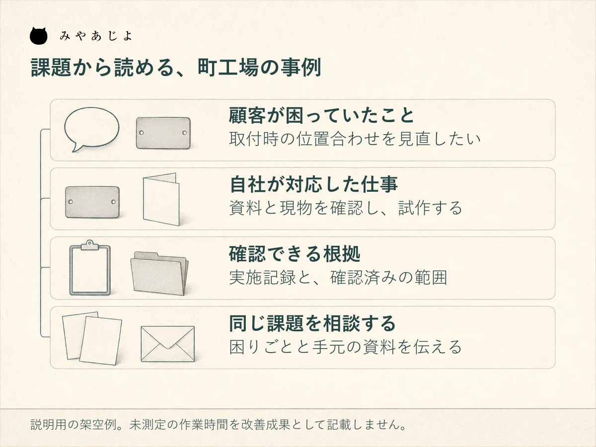 顧客の課題、対応した仕事、確認できる根拠、次の相談を順に結ぶ架空の営業導線図