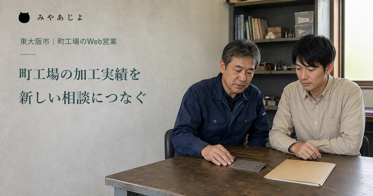 架空の町工場の経営者と営業担当が取付金具を見ながら事例の説明を相談する編集イメージ