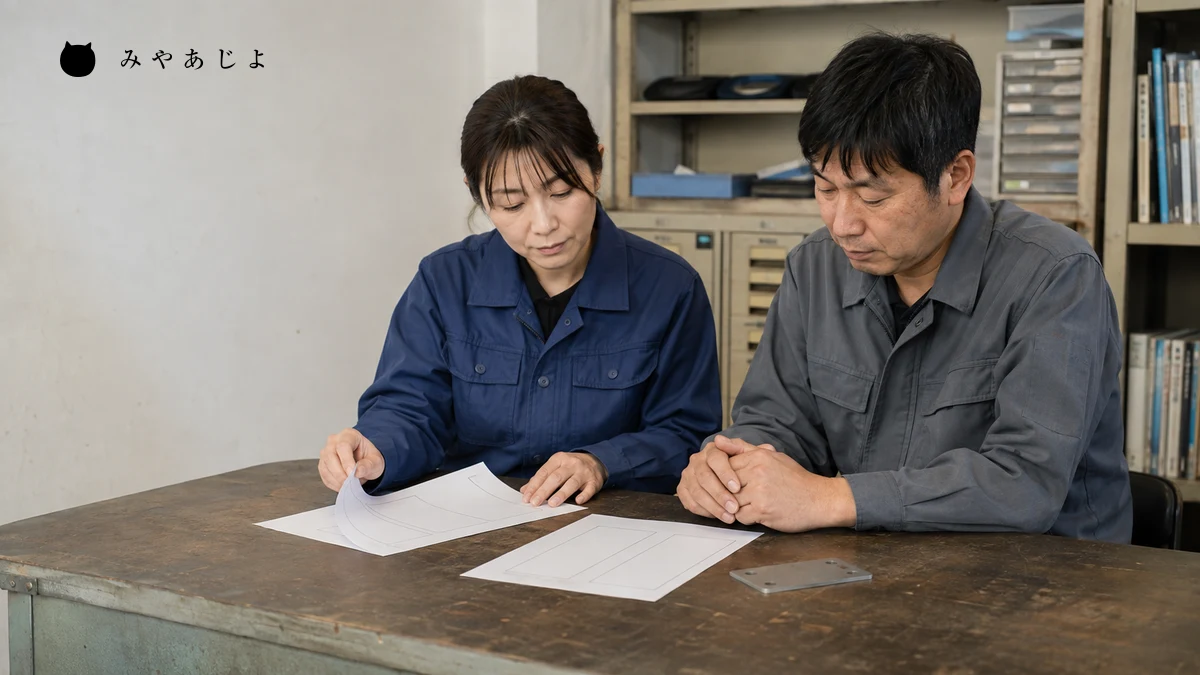 架空の町工場の担当者二人が取付金具と事例原稿の確認用紙を見比べる編集イメージ